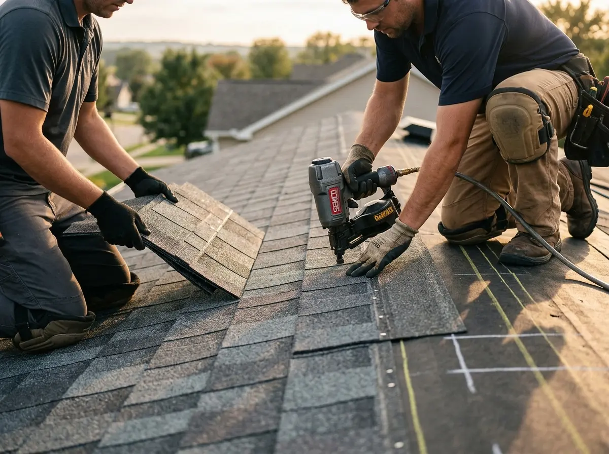 Professional roofer working on a residential roof in Winooski
